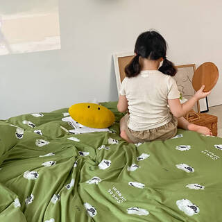 Fantasy cartoon baby-grade tianzhu cotton four-piece set for naked sleeping knitted 100 pure cotton children's lamb quilt cover sheets and bedding sheep-green fitted sheet set_1.5m bed/suitable for 200*230cm quilt core