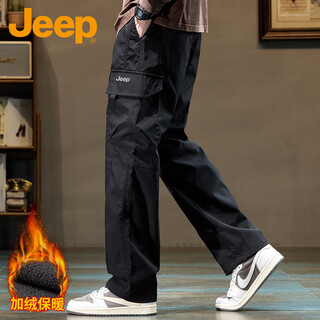 Jeep jeep pants men's winter warm fleece pants straight overalls men's loose multi-pocket casual pants black xl