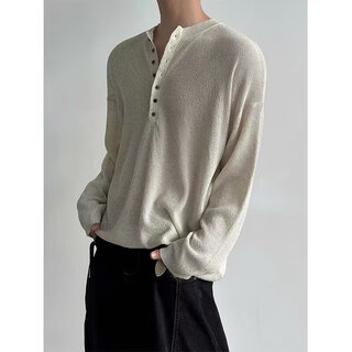 Extreme henry collar long-sleeved t-shirt men's spring and autumn waffle loose casual inner bottoming shirt top khaki 2xl