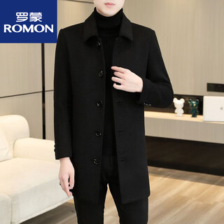 Romon woolen coat men's autumn and winter cashmere windbreaker warm lapel business mid-length woolen coat trendy new product 88601 black m 170/88a 115jin jin is equal to within 0.5 kg