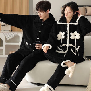 Victoria style couple pajamas for women in winter warm flannel cardigan with velvet and thickened can be worn outside home clothes men's suit yx93415 female + 93416 male (gray black) m single set for women