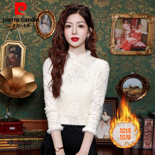 Pierre cardin new chinese style velvet stand collar lace bottoming shirt women's autumn and winter warm small shirt with thickened top off-white s 80-95