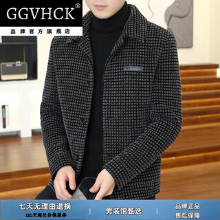 Gg vh ck brand light luxury jacket men's autumn and winter new thickened lapel plaid woolen coat short casual jacket men's black regular style 3xl (150-165jin jin equals 0.5kg)