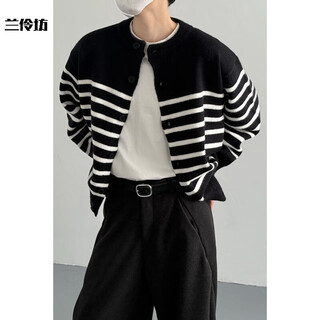 Lanlingfang autumn and winter korean style fashionable vintage henry collar contrast striped sweater cardigan for men and women loose simple knitted jacket trendy black striped m