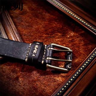 Aolie american retro double-pin buckle genuine leather belt with carved khaki style belt black 105cm