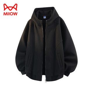 Miiow 2025 new cardigan sweater men's autumn and winter velvet loose hooded jacket american fashion brand splicing thickened top black m