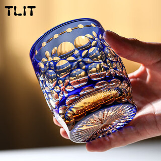 Tlit japan imported quality pure handmade edo kiriko lead-free crystal cup whiskey wine glass crystal cup gift cup 1 black gift box amber background sapphire blue cherry blossom