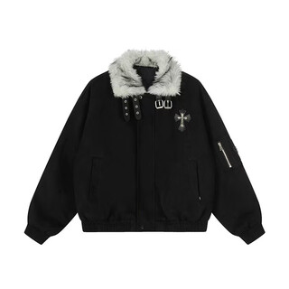 Avansby american retro maillard lapel, mountain carving cross, thickened design, warm fur collar jacket, loose cotton coat, black l