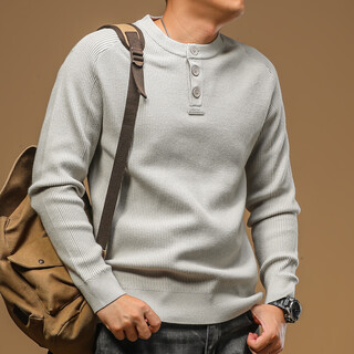 Ji yan men's sweater 2025 new autumn and winter american retro henley collar bottoming sweater warm inner top gray apricot soft skin friendly striped fabric m (suitable for 110-130 jin jin equals 0.5 kg)