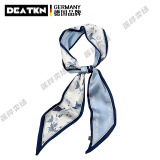 Deatkn german silk scarf small strip for women spring and autumn retro flower scarf binding bag ins hairband english letters navy edge