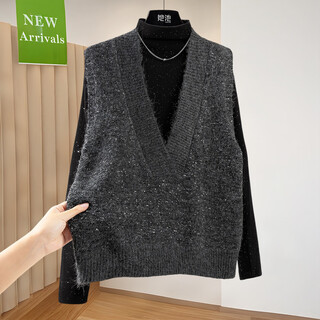 She pools sheep wool v-neck sequined knitted vest for women 2025 autumn new solid color vest vest