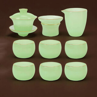 Richunliu high-end sky blue ru kiln gilt jade porcelain kung fu tea set light luxury gift suet jade bowl gift box ru qing jade porcelain tea set gift box 10 pieces