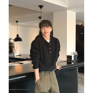 Guan chen old money style henley collar sweater men's knitted sweater men's american loose long sleeve open button workwear knitted henley sweater black m