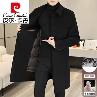 皮尔卡丹（pierre cardin）羊毛呢外套男士中长款双面呢大衣冬季鹅绒内胆羊毛绒呢子风衣 23818黑色高端双面呢膝 (可拆卸羽绒内胆) 2XL 185(155-170斤)