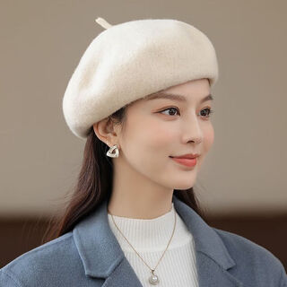 Zhenji wool hat women's beret autumn and winter versatile painter's hat bud hat woolen hat winter fashion pumpkin hat off-white one size 54-59