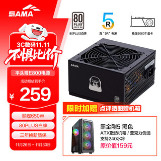 先马（SAMA）额定650W 平头哥E800 台式主机箱电源 80PLUS白牌认证/压纹线/14CM短机身/稳压5060Ti/+12V设计