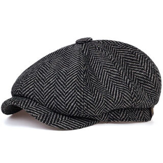 He jiagong newsboy hat men's fashionable and versatile retro flat-headed beret hip-hop large plaid black m 56-59c