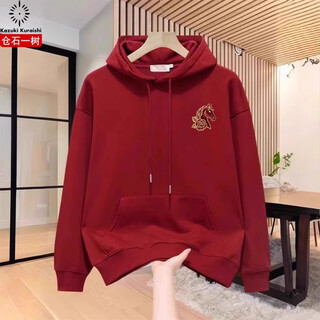 Kuraishi kazuki high-end burgundy sweatshirt men's 2026 autumn and winter trendy versatile embroidered year of the horse animal year clothes burgundy xl