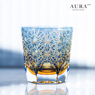 Aura life edo kiriko blue daisy crystal glass high-end hand-carved whiskey cup and wine gift cup little blue daisy classic gift box 280ml 1 piece
