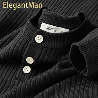 Elegantman2025 autumn and winter henley neck textured sweater casual versatile black round neck sweater men's basement black m