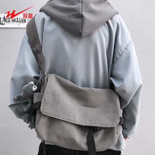 Double star shoulder bag men's trendy brand large capacity casual crossbody messenger bag men's japanese canvas bag gray + frog