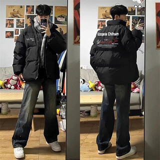 Qumile trendy brand hiphop stand collar down jacket men's winter loose and warm high street handsome cotton jacket bread clothes black xl