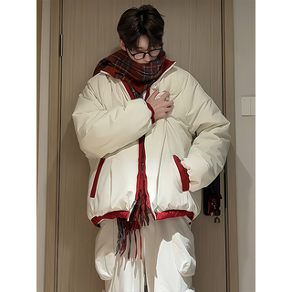 Katuchi american double-sided down jacket for men in winter loose thickened warm cotton jacket high street short bread clothes bull red + off-white xl