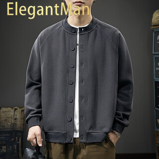 Elegantman waffle japanese retro cardigan men's sweatshirt autumn new trend henry collar top versatile casual jacket dark gray m _suitable weight-120jin jin equals 0.5 kg