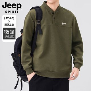 Jeep spirit men's sweatshirt 2025 autumn new retro henley collar heavy bottoming casual large size pullover top green m recommended weight 100-120jin jin equals 0.5 kg