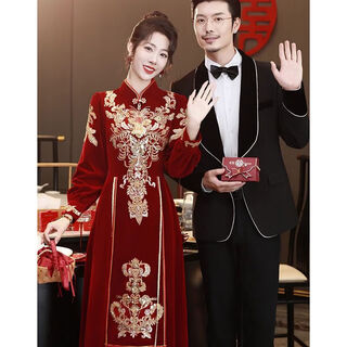 Fenggao (fenggao) toast wear bride 2025 new winter clothes burgundy stand collar retro cheongsam winter heavy industry embroidered long dress burgundy long style 202 s dress size is too small. consult customer service to check the size.