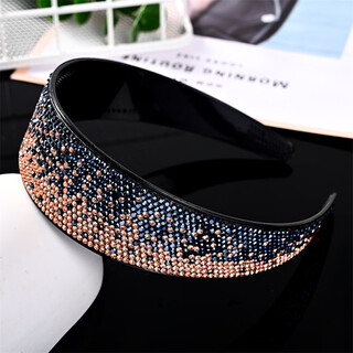 Shiny headband full of diamonds, internet celebrity female hairpin with wide edges, toothed anti-slip diamond hairpin to cover white hair and broken hair, 16 rows of diamonds, navy blue diamond + champagne diamond gradient color