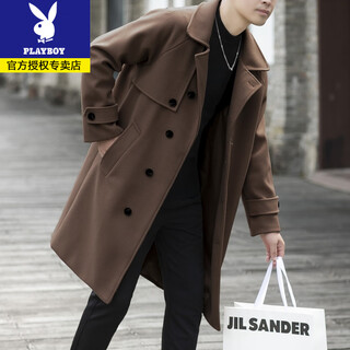 Playboy autumn and winter korean maillard woolen coat men's premium mid-length windbreaker youth thick woolen coat brown l