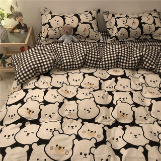 Ins pure cotton bed four-piece set 100 pure cotton children's bedding internet celebrity dormitory bed sheet three-piece set fitted sheet quilt cover for women little bear baby b 1.5m four-piece quilt cover 150*200 it is recommended to take 2 sets for replacement