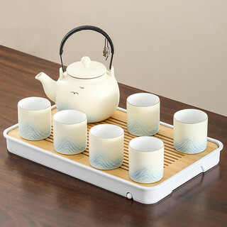 Xiangye large-capacity coarse pottery lifting kettle kung fu tea set tea set teapot tea cup housewarming gift souvenir mihuang jiangshan round lifting kettle 7-piece set + tea tray