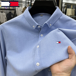 Tome bornek american tommy high-end pure cotton long-sleeved shirt men's winter all-in-one velvet plus velvet thickening business casual shirt no ironing light blue plus velvet thickening 3xl 175-190jin jin equals 0.5 kg