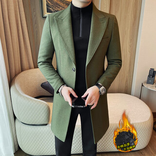 SUSTYLE国际轻奢品牌领毛呢大衣男中长款冬季高级感时尚潮流修身风衣外套 绿色 XL  （140-155斤）