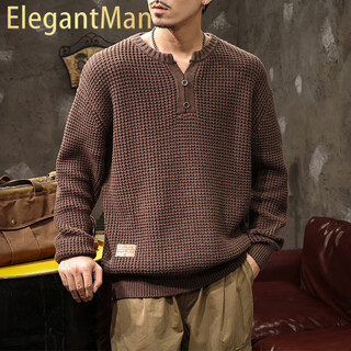 Elegantman american retro heavyweight sweater for men in autumn and winter thickened tough guy henry collar sweater brown sweater jacket brown m _ suitable for -125jin jin equals 0.5kg