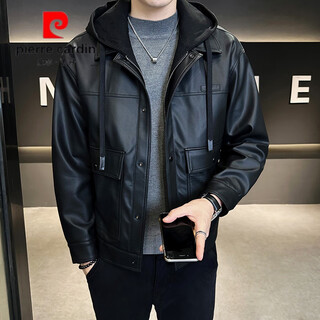 Pierre cardin men's pu leather fake two-piece hooded leather jacket 2025 winter new trendy brand workwear thickened warm casual jacket black spring and autumn style regular l recommended 90-120jin jin equals 0.5 kg