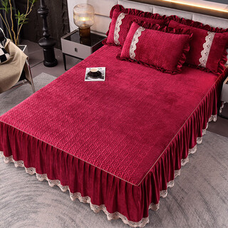 Fantasy high-end thickened milk velvet bedskirt single skirt baby velvet bed cover with lace embroidered bedspread 3 anna - bright burgundy (embroidered skirt high weight baby velvet) 150x200cm single bed skirt