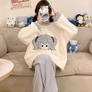 Half velvet pajamas for women, winter thickened velvet coral velvet cute kitten student suit home clothes can be worn outside 88015 blue-haired girl apricot blue m one size