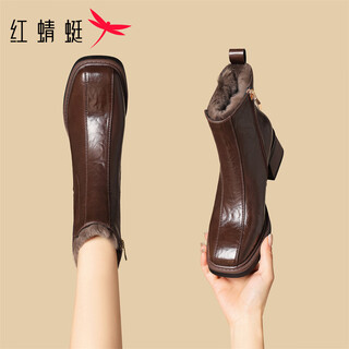 Red dragonfly boots women's short boots autumn and winter cotton boots new women's boots british style leather boots plus velvet chelsea ankle boots brown heel height 5.9cm 38 (240mm)