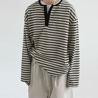 Yichen yichen spring new henley striped long sleeve t-shirt half open collar thin sweatshirt for men and women white s s