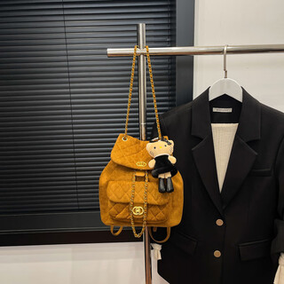 Korean rhombus mini backpack women's woolen small backpack fashion hand bucket bag brown with pendant