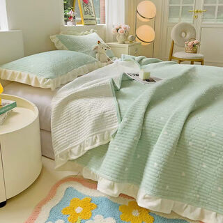 Fantasy fresh and thick lace style milk velvet baby velvet quilted quilted bed cover tatami single and double blanket love-light green fine velvet, soft, warm and comfortable 150*200cm single bed cover