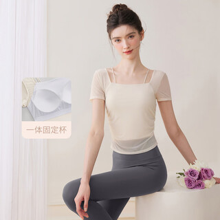 Yoga wear 2025 new top women's summer pilates training wear fitness set beautiful summer thin style with chest pad upgraded one-piece fixing cup milky white short sleeves stack two fake pieces wear out of layer m recommended 95-104 jin jin is equal to 0.5 kg