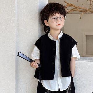 Yusenyi children's suit overalls suit boy dress summer children's small suit suit handsome style kindergarten host black single vest one size 90cm