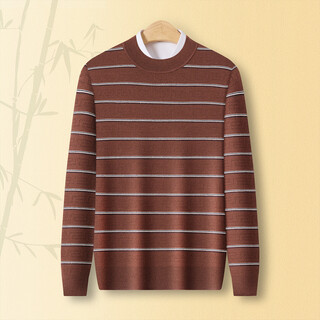 Chunzhu thick 100% wool spring new round neck striped dad sweater warm casual men's wool sweater brown red l 110cm