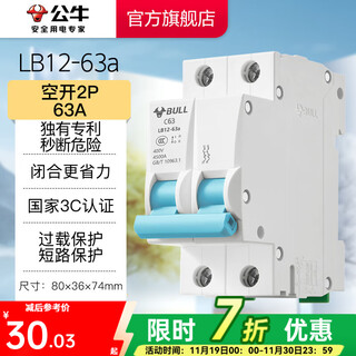Bull circuit breaker household power main switch air switch high power circuit breaker c type circuit breaker jiahe lb12 series 2p 63a circuit breaker