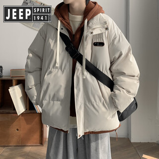 Jeep spirit jeep fake two-piece cotton coat men's winter loose casual thickened warm cotton coat jacket trendy student hooded cotton apricot xl