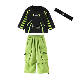 Midelei street dance children's trendy clothing hip-hop boys' performance clothes new year's day clothes spring autumn and winter loose girls' games class clothes performance a565 black and green sweater + 976 fluorescent green pants + lh headband 110